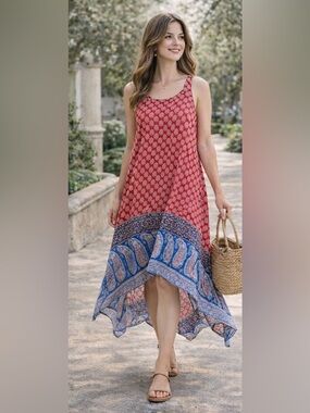 183 Anthro Beach Lunch Lounge Red Blue Paisley Boho Handkerchief Hem Dress L